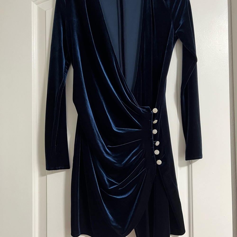 Topshop Midnight Blue Velvet Long Sleeve Dress
